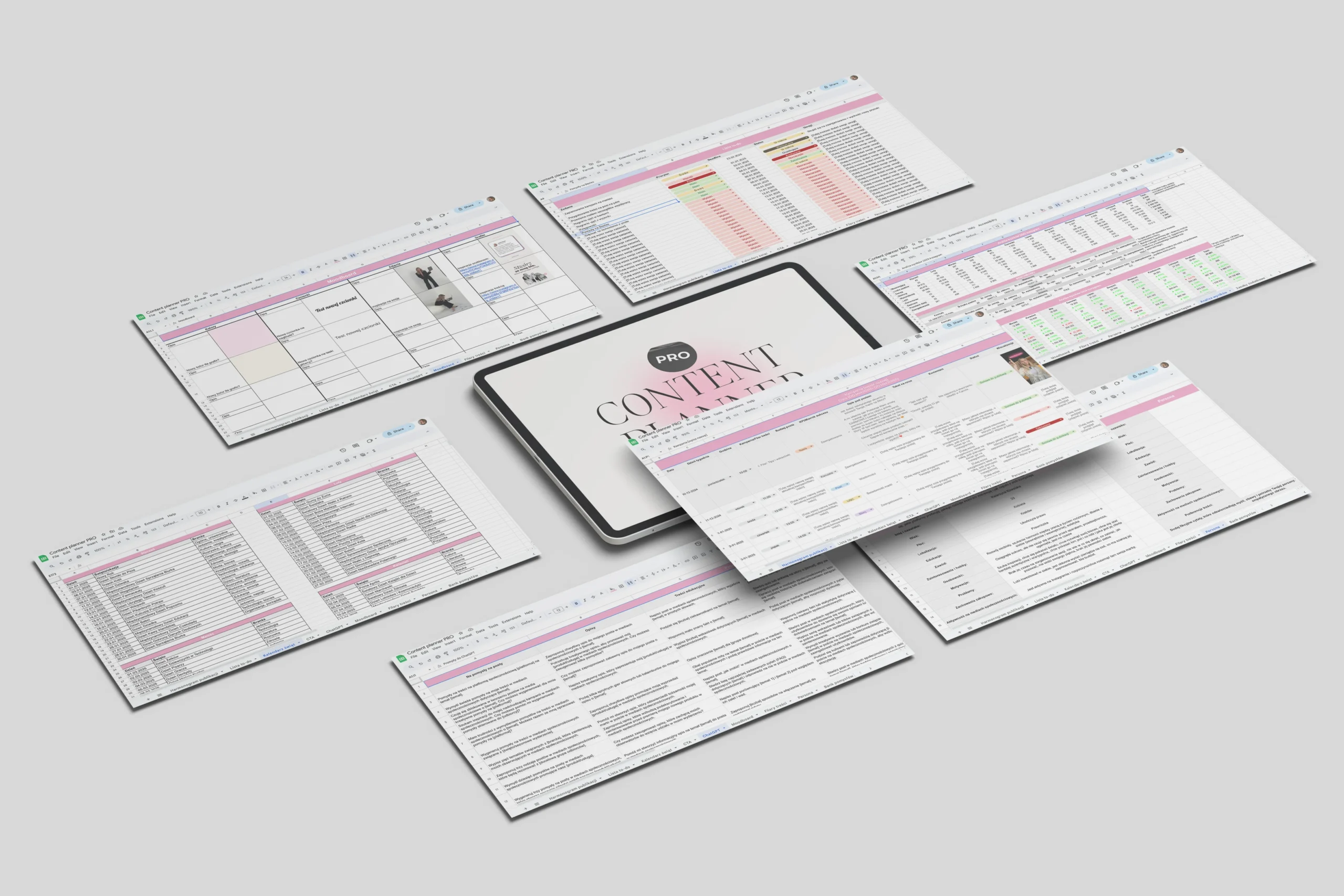 Zestawienie Content Plannera w wersji leżących na ziemi kart.